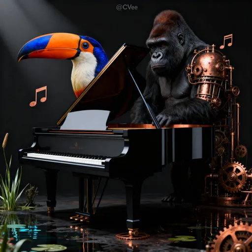 Prompt: Create a powerful image of @CVee  in the style of steampunk , with a piano   . Use a monochrome palette dominated by dark tones, complemented by striking highlights of vibrant orange, cobalt blue, and copper for contrast.  Focus on a sleek and modern design with a minimalist aesthetic to ensure clarity and impact. Incorporate smooth, rounded, and soft-edged patterns to highlight the interaction between the divine and the mechanical elements of the piano .   Aim for a dramatic atmosphere with high-contrast lighting that conveys both hope and the occult . Use mixed media techniques to blend organic textures with steampunk machinery, creating a sense of both elegance and tension.  Symbolic References: Subtly incorporate elements that represent music notes, nature and harmony .  Emotional Tone: Convey a deep sense of anxiety  and unease through dramatic shadow contrasts and atmospheric lighting.