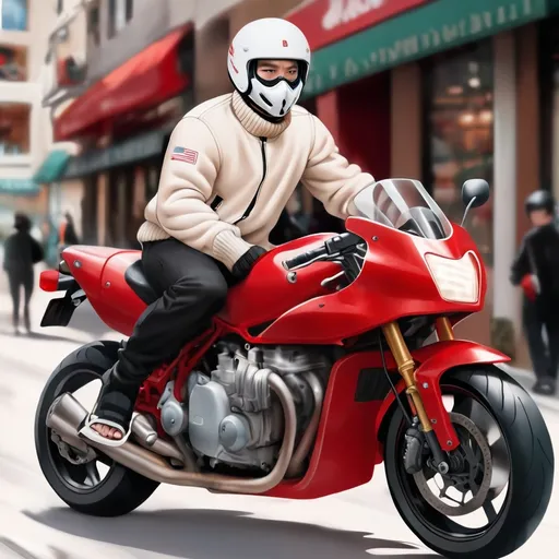 Prompt: A man wearing a white helmet, wearing a beige turtle neck sweater, black bomber jacket, white sandals is riding a red motorcycle