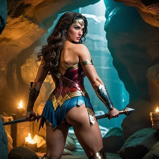 Prompt: Wonder Woman dressed as Zelda, plump bum, 4K, UHD, HDR, cinematic lighting, game-rpg fantasy style, professional, HD, detailed characters, in a cave, intense action, vibrant colors, fantasy setting, plump curves, dynamic poses, confident demeanor