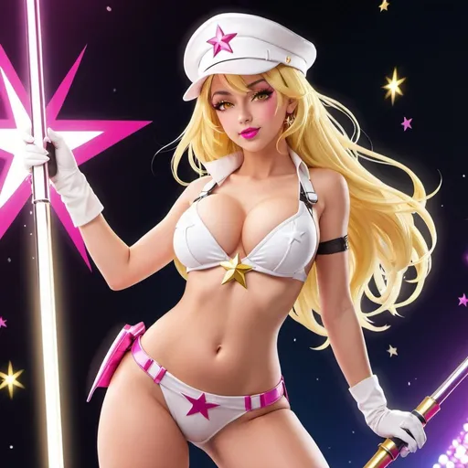 Prompt: 1girl, blonde hair, bosoms, cleavage, shiny white attire, hand on hip, hat, holding weapon, lipstick, long hair, makeup, medium bosoms, navel, peaked cap, pink hair, pole, pole dancing, solo, sparkle, star \(symbol\), yellow eyes