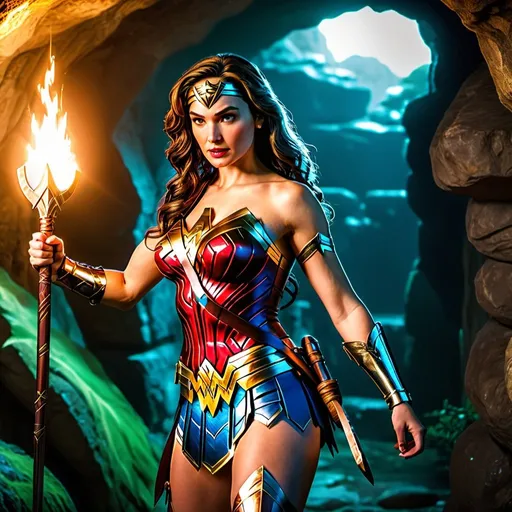 Prompt: Wonder Woman dressed as Zelda, plump bum, 4K, UHD, HDR, cinematic lighting, game-rpg fantasy style, professional, HD, detailed characters, in a cave, intense action, vibrant colors, fantasy setting, plump curves, dynamic poses, confident demeanor