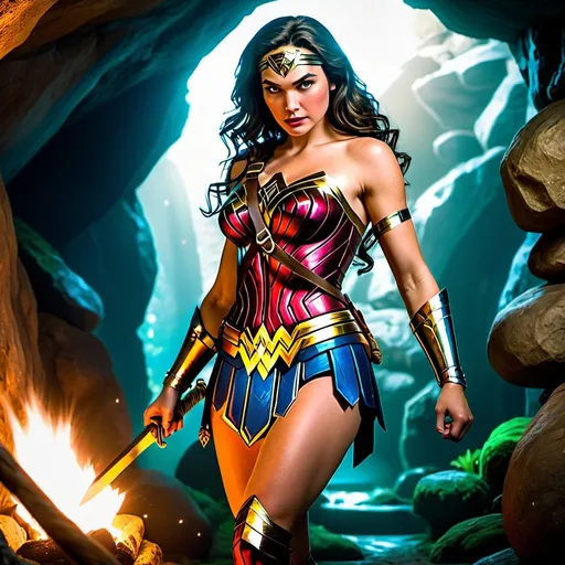Prompt: Wonder Woman dressed as Zelda, plump bum, 4K, UHD, HDR, cinematic lighting, game-rpg fantasy style, professional, HD, detailed characters, in a cave, intense action, vibrant colors, fantasy setting, plump curves, dynamic poses, confident demeanor