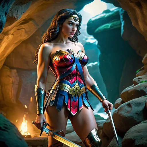 Prompt: Wonder Woman dressed as Zelda, plump bum, 4K, UHD, HDR, cinematic lighting, game-rpg fantasy style, professional, HD, detailed characters, in a cave, intense action, vibrant colors, fantasy setting, plump curves, dynamic poses, confident demeanor