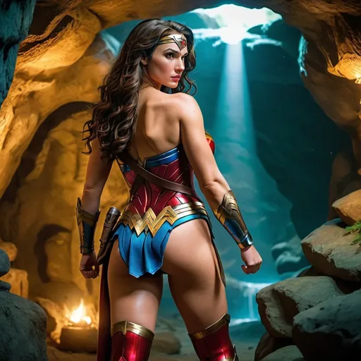 Prompt: Wonder Woman dressed as Zelda, plump bum, 4K, UHD, HDR, cinematic lighting, game-rpg fantasy style, professional, HD, detailed characters, in a cave, intense action, vibrant colors, fantasy setting, plump curves, dynamic poses, confident demeanor