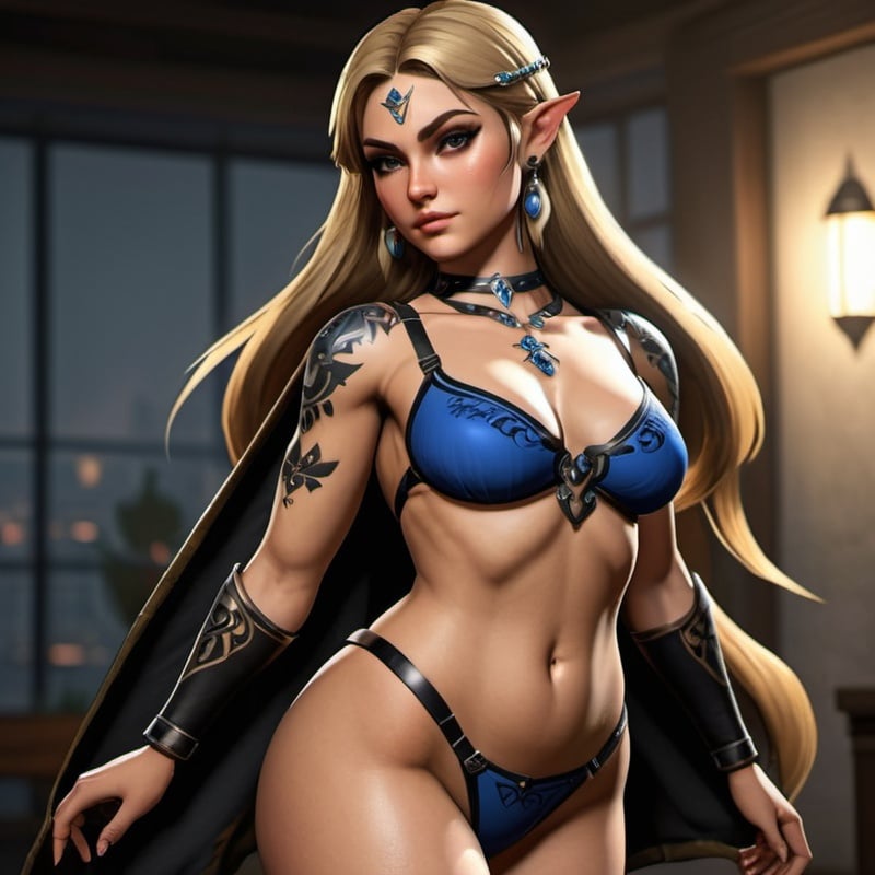 Prompt: Zelda wearing blue and black skimpy armor, big rear end, turned around, ambreen posterior, embodying beauty, uplifting and serene, with lighting that feels gentle and flattering. The color grading should enhance the natural warmth and depth of her features, spectacular scene with exceptional clarity, unreal engine, UHD, 64K, HDR, HD, Highly detailed, professional, GTA Style, GTA Graphics ((Curvaceous:2.0 Woman)), voluminous body, full body shot, sensual, Full body , SENSUAL POSE, perfect composition, tattoo sleeves on hands written with ew_ng, hyper realistic, super detailed, high quality showing bum. gothic makeup.  very attractive. high detail realistic. thick thighs,  full body shot, professional photo. Studio lighting, backlit, realistic lighting. hdr uhd 8k ultra-realistic render,  very high detail skin, beautiful face