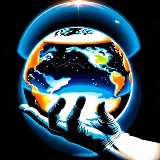 Prompt: Flat disc earth viewed form outer space, that is bent by hands into a dome