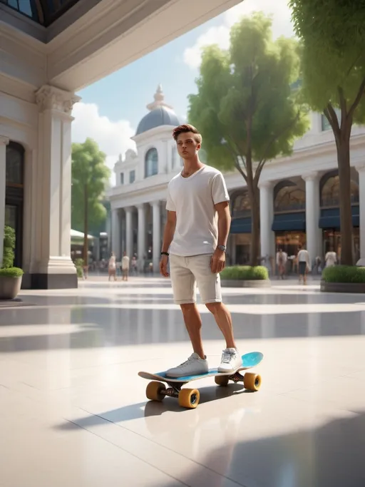 Prompt: a man in white shirt and shorts standing on a skateboard in a mall area with a tree in the background, Daryush Shokof, neoclassicism, unreal engine highly rendered, a picture