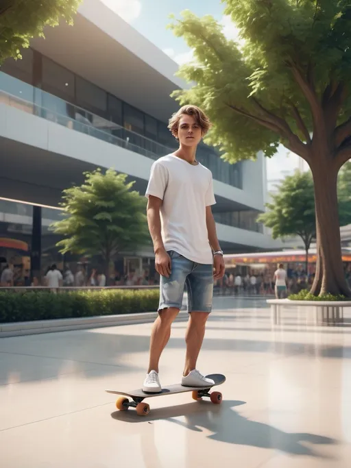 Prompt: a man in white shirt and shorts standing on a skateboard in a mall area with a tree in the background, Daryush Shokof, neoclassicism, unreal engine highly rendered, a picture