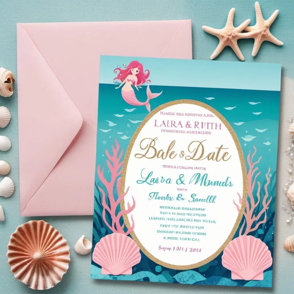 Prompt: Will you please create a placeholder invitation to save the date and time for a baby shower to honor Laura and Tritton and their new baby daughter Ariel the shower will be on July 14 at 2 to 6 PM there will be snacks games a diaper raffle and the theme is ocean mermaids seashells The color palette is rose gold and turquoise and pink and ocean colors. The invitation should be mermaid themed and full of color and a beach and lots of little mermaids with different color hair and playing instruments 