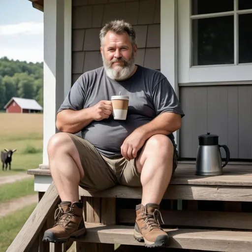 Prompt: A realistic photograph of a middle age man, grey goat beard, overweight, dark grey t-shirt, cargo shorts, trekking boots, siting on the porch of a farm house, drinking coffee.