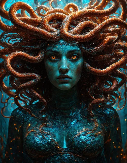 Prompt: Medusa in cinematic, epic realism, 8K, highly detailed, surrealist style, fantastical, magical, unexpected, super detail, dreamy lo-fi photography, colorful, fantasy storybook illustration, long shot technique, detailed snake-like hair, piercing gaze, mythical creature, dramatic lighting, magical atmosphere, vibrant colors, realistic textures, professional, otherworldly, intricate composition, ancient Greek mythology, chthonic monster, guardian