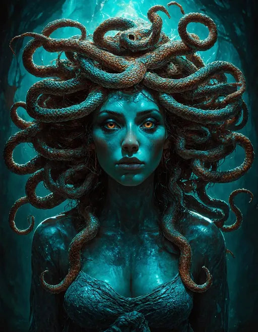 Prompt: Medusa in cinematic, epic realism, 8K, highly detailed, surrealist style, fantastical, magical, unexpected, super detail, dreamy lo-fi photography, colorful, fantasy storybook illustration, long shot technique, detailed snake-like hair, piercing gaze, mythical creature, dramatic lighting, magical atmosphere, vibrant colors, realistic textures, professional, otherworldly, intricate composition, ancient Greek mythology, chthonic monster, guardian