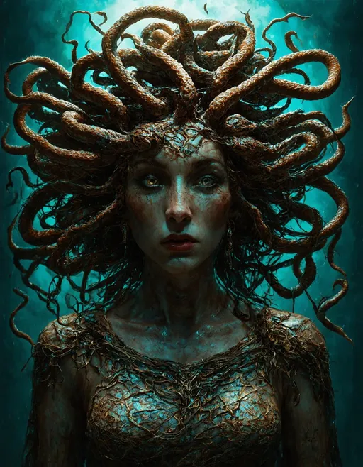 Prompt: Medusa in cinematic, epic realism, 8K, highly detailed, surrealist style, fantastical, magical, unexpected, super detail, dreamy lo-fi photography, colorful, fantasy storybook illustration, long shot technique, detailed snake-like hair, piercing gaze, mythical creature, dramatic lighting, magical atmosphere, vibrant colors, realistic textures, professional, otherworldly, intricate composition, ancient Greek mythology, chthonic monster, guardian