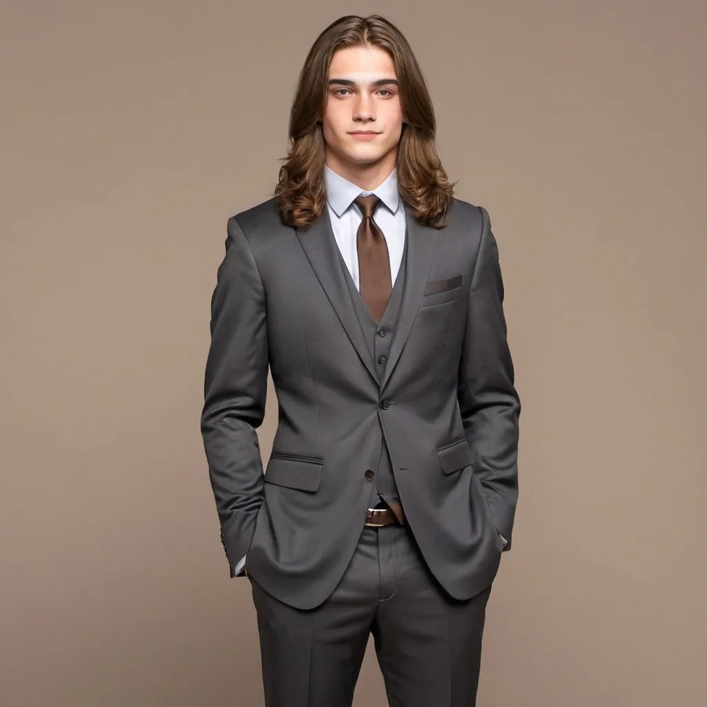 Prompt: Pesrain man with dark gray suit and brown shoes and long brown hair in prom.