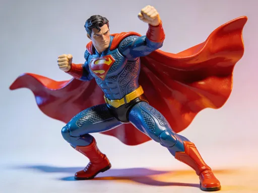 Prompt: An action figure of a superhero in a dynamic pose, cape fluttering and fists ready.