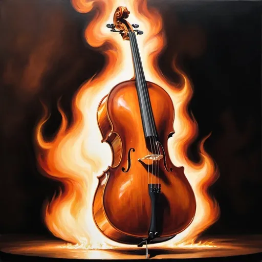 Prompt: An oil painting of brown wood cello on fire as it plays itself on stage