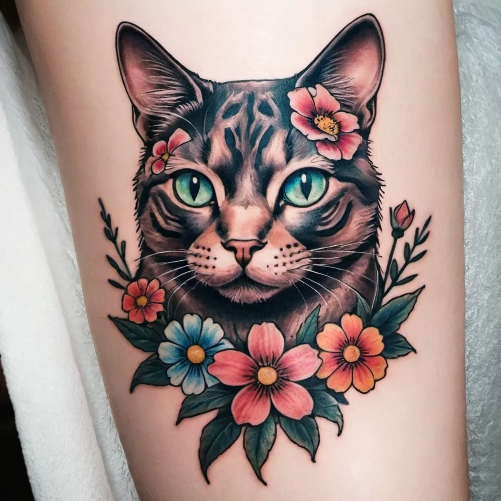 Prompt: Tattoo of a cat with flowers