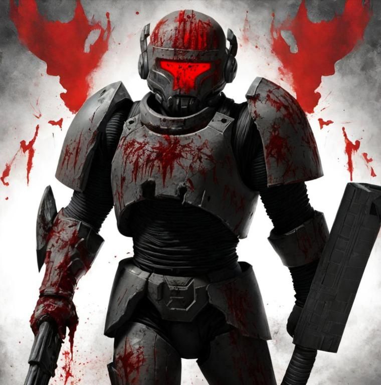 Prompt: Make a grey version of the doom slayer covered in blood with a helmet that is mention styled with glowing red eyes