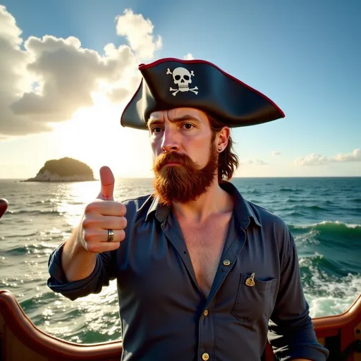 Prompt: @KAKX0tsOMdSYGwHulBOu A rugged pirate with a weathered face and a thick beard stands confidently on the deck of a ship. He wears a tattered tricorn hat adorned with a skull and crossbones, and his leather coat flutters in the salty sea breeze. The ocean waves crash against the ship's hull, sending up sprays of water that glisten in the sunlight. In one hand, he grips a cutlass, its blade reflecting the golden rays, while the other rests on the ship's railing, showcasing a tattoo of a compass on his forearm. The sky above is a vibrant blue, dotted with fluffy white clouds, and a distant island looms on the horizon, hinting at adventure. The scene is illuminated by warm sunlight, creating a dramatic atmosphere filled with the scent of salt and adventure.