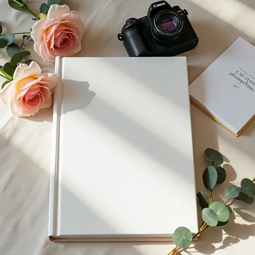 Prompt: Elegant wedding photography package flatlay: premium photo album, professional camera, delicate flowers (roses or eucalyptus), wedding invitation, subtle gold accents – all arranged on light linen or wooden surface. Soft natural lighting, romantic and high-end atmosphere – perfect for a wedding photographer’s pricing section.