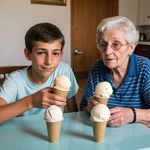 Prompt: a 14 year old boy is sitting at the table with his 73 year old grandmother eating icecreams