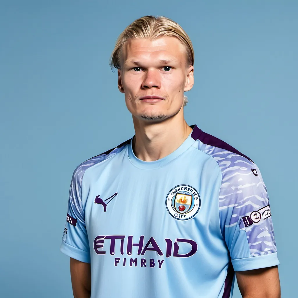 Prompt: Erling Haaland standing wearing a Manchester City kit