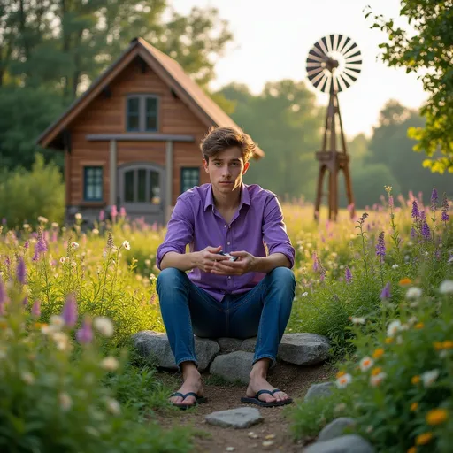 Prompt: Nestled in a vibrant outdoor setting, a young man sits on a rock among lush greenery and blooming flowers, his serious expression hinting at contemplative thoughts. Dressed casually in a purple shirt and blue jeans, he wears flip-flops that emphasize a relaxed vibe, while his hands fidget with a small object as he gazes directly at the camera. Behind him, a charming wooden house with large windows stands amidst the backdrop of a softly lit landscape, complemented by a distinctive wind turbine that adds a touch of rustic charm. The warm colors of the scene, enhanced by gentle sunlight filtering through trees, evoke a tranquil summer day, inviting a sense of peace and introspection. The overall composition draws the viewer's eye from the subject to the idyllic surroundings, creating a narrative of connection with nature.