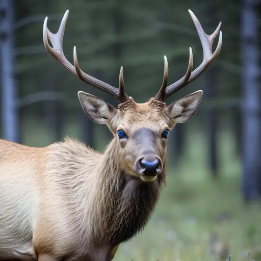 Prompt: a beautiful female elk that has blue eyes and short blond hair. her age is 11 years old