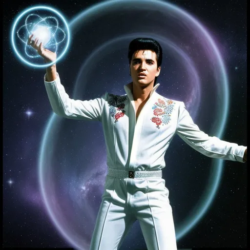 Prompt: Mind-bending scene; Going through cosmic marvelous quantum mind-bending reality, a floating magical glorious badass Elvis Presley in a white mystical extraordinary jumpsuit, floating magically in time travel in hyperdimensional electricity 