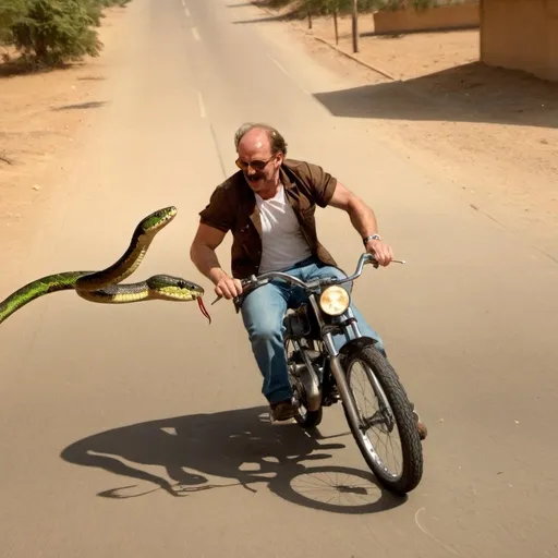 Prompt: Snake chasing a man riding on a bike