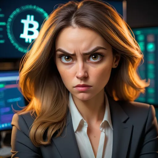 Prompt: Serious looking woman who'se expert on cryptocurrency 