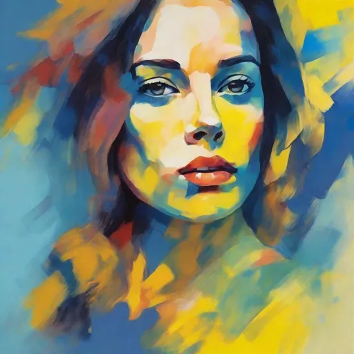Prompt: Portrait woman, fauvism, bright colors expressive brushstrokes, backdrop soft yellow blue gradient