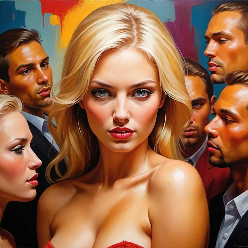 The art of seduction, blonde female with group of me...