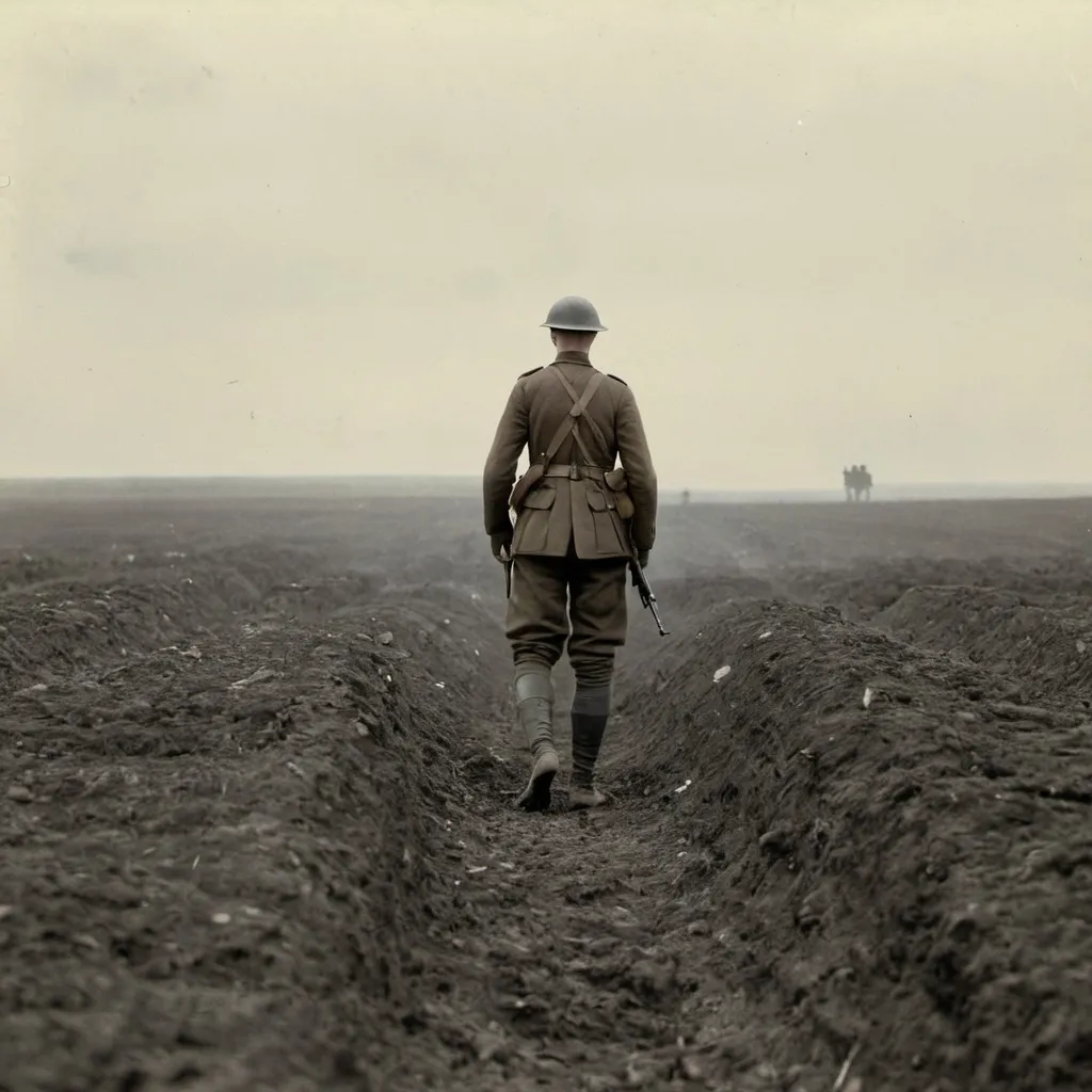 Prompt: world war one soldier in distance on battlefield