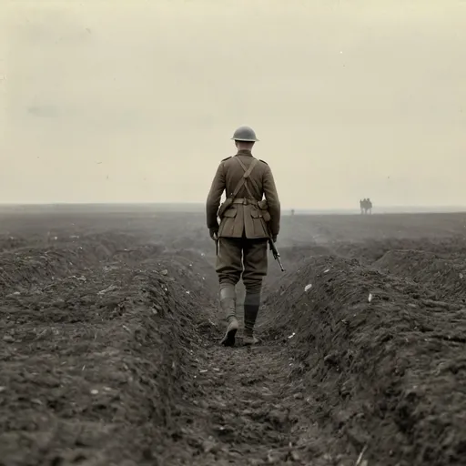 Prompt: world war one soldier in distance on battlefield