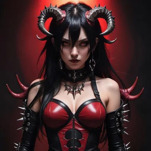 Prompt: Red skin demon girl with horns, long black hair, black leather bodysuit, spiky bracelets, dramatic lighting, anime style
