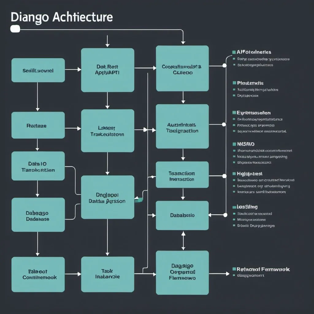 Prompt: A complex software architecture diagram showing the various services and components of a task management application built with Django and Django REST Framework. The diagram should depict:
The server-side components, including the Django framework, Django REST Framework for the API, a PostgreSQL database with ACID transaction support, and a Celery asynchronous task queue for background tasks.
The authentication system based on token-based security.
The containerization of the application using Docker for deployment and easy updates.
The automated testing framework, either Pytest or Django Test Framework, to ensure application quality.
The client-side component as a Telegram bot that interacts with the server-side API using structured JSON data.
The integration with external services, represented by various API connections and data flows.
The overall interconnectivity and data flow between the different components, including the database, task queue, tests, and client interface.
The diagram should use a clean, modern visual style with clear labeling and color-coding to distinguish the different architectural elements. The goal is to create a comprehensive, visually appealing representation of the application's software architecture.