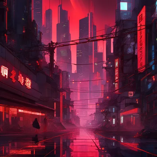 Prompt: <mymodel>Dark, dystopian cityscape with towering skyscrapers, ominous red and black tones, cyberpunk style, detailed neon signs, gritty and industrial, high quality, futuristic, eerie lighting, ultra-detailed, cyberpunk, dystopian, towering skyscrapers, ominous, gritty, industrial, detailed neon signs, red and black tones, futuristic lighting