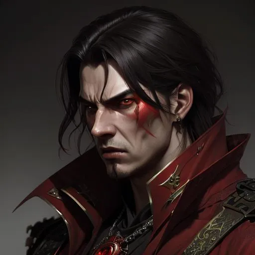 Prompt: male mysteriuous, red clothes, dark fantasy cultist, close up face, detailed, angry, by ruan jia, tom bagshaw, alphonse mucha, krenz cushart,  vray render, artstation, deviantart, pinterest, 5 0 0 px models, 