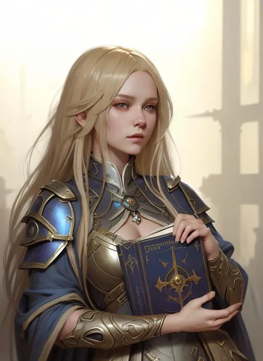 Prompt: female, blonde girl, holding a dungeon master's book, in a dress  by ruan jia, tom bagshaw, alphonse mucha, krenz cushart,  vray render, artstation, deviantart, pinterest, 5 0 0 px models, 