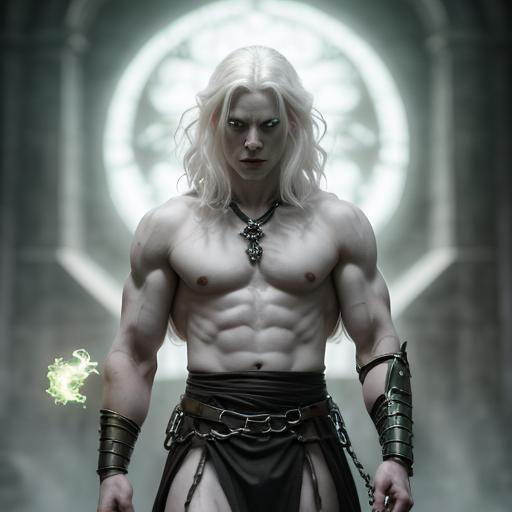 Prompt: a young, pale man, white hair, changeling, dnd,  white eyes, green FIRE, DARK, BAGINSKI, DOMINANT POWER, CHAINS, CASTLEWANIA,
,cursed ,warrior, detailed face, dark 
 fNTASY,realism, warlock, muscle, fantasy,  by ruan jia, tom bagshaw, alphonse mucha, krenz cushart,  vray render, artstation, deviantart, pinterest, 5 0 0 px models, 