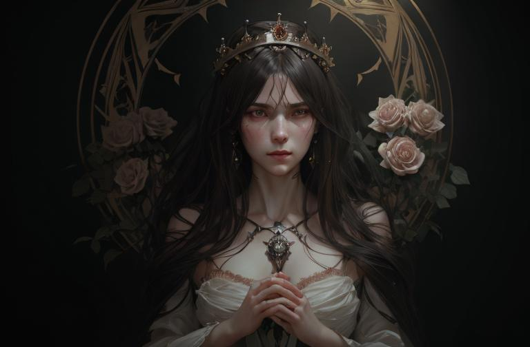 Prompt: female, white girl, in a dark dress, crown of roses, sad, close up face  by ruan jia, tom bagshaw, alphonse mucha, krenz cushart,  vray render, artstation, deviantart, pinterest, 5 0 0 px models, 