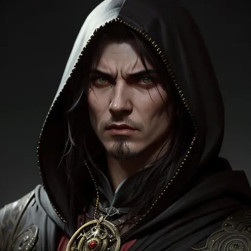 Prompt: male mysteriuous,  fantasy, cloth clothes, hood, cultist, close up face, detailed, angry, by ruan jia, tom bagshaw, alphonse mucha, krenz cushart,  vray render, artstation, deviantart, pinterest, 5 0 0 px models, 
