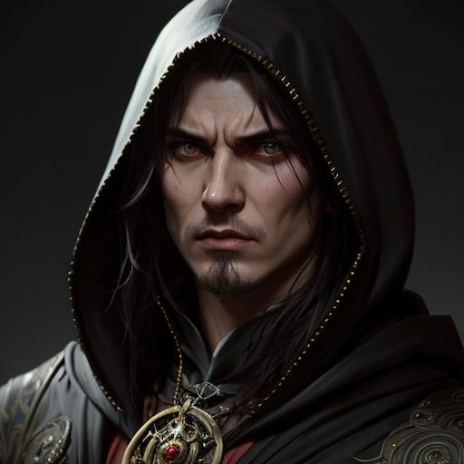 Prompt: male mysteriuous,  fantasy, cloth clothes, hood, cultist, close up face, detailed, angry, by ruan jia, tom bagshaw, alphonse mucha, krenz cushart,  vray render, artstation, deviantart, pinterest, 5 0 0 px models, 