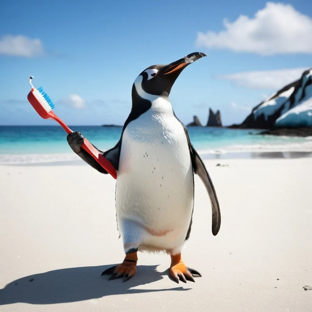 Prompt: a penguin brushing its teeth with a tooth brush on a deserted island in the middle of the ocean