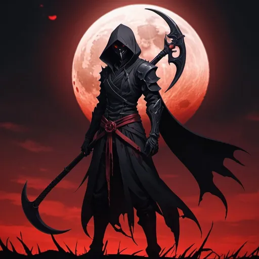 Prompt: shadow assassin anime character with a scythe and a blood moon background 
 
