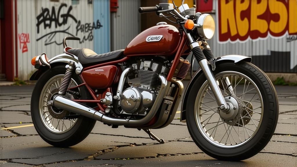 Prompt: "Design a vintage 1960s-inspired motorcycle built from an eclectic collection of nostalgic memorabilia, including elements like retro badges, vintage gears, and antique license plates. Highlight its intricate craftsmanship with a worn leather saddle, retro-fitted chrome pipes, and a distressed paint job that shows its age and character. Set the motorcycle against a gritty urban backdrop of cracked pavement and graffiti-covered walls, bathed in warm, golden light that enhances the nostalgic atmosphere. The overall aesthetic is raw and rugged, evoking a sense of freedom and timeless adventure."






