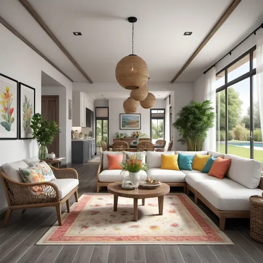 Prompt: A photo realistic interior rendering of a contemporary farm house chic living room and dining room with grey wooden flooring , wite sofas with contrasting printed accent chairs and white curtains and rattan rugs, hanging lights and ceiling spot lights, plants, contrasting colourful artwork. Printed cushions and wall wainscoting works Let it be young and contemporary and ecelectic theme. The rendering to be wide angled in 0.5 zoom and including adjacent foyer. Very well styled interiors. Make the image wider