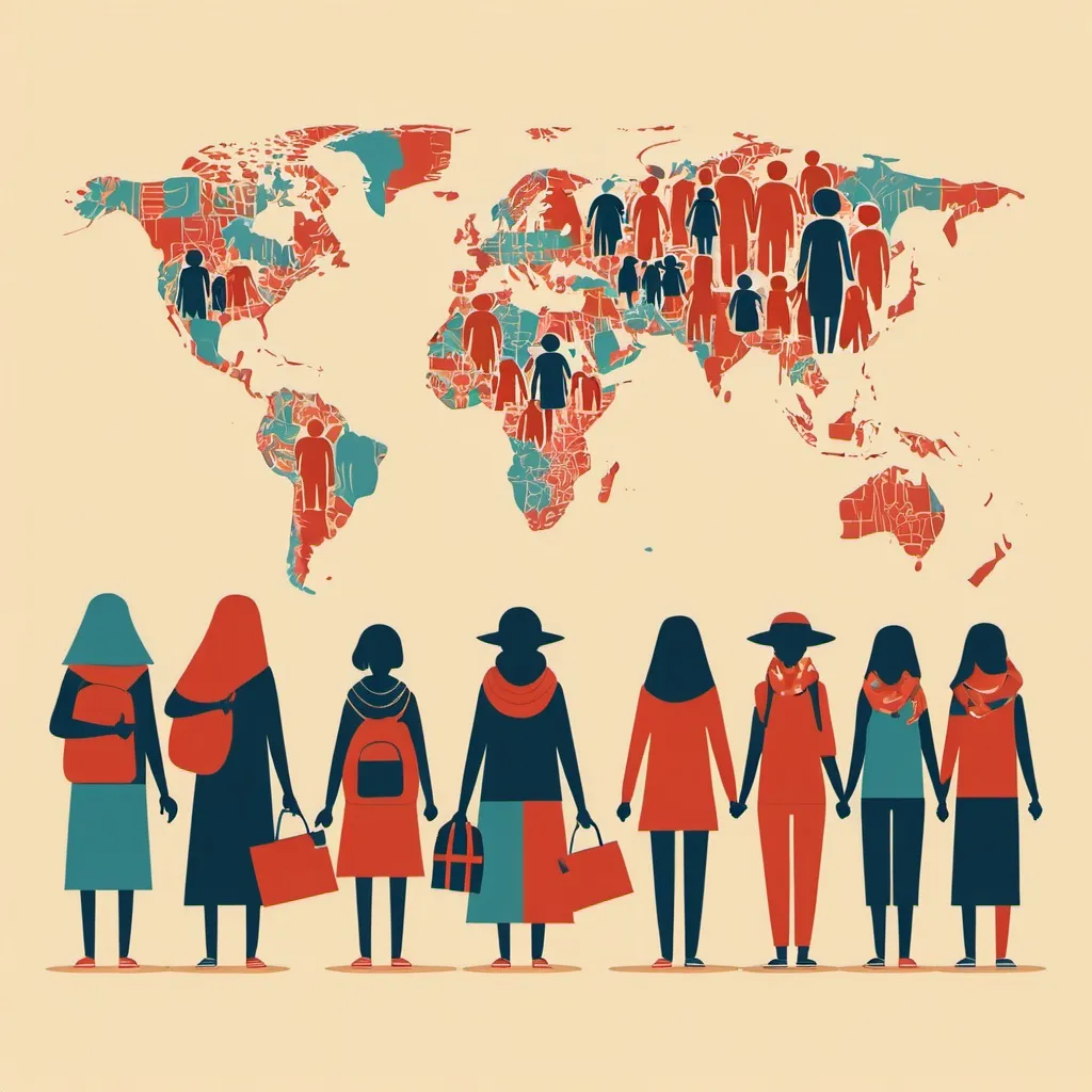 Prompt: Flat illustration of Migrants and Refugee womens and girls , simple tetxt, simple shapes, vector, minimalism