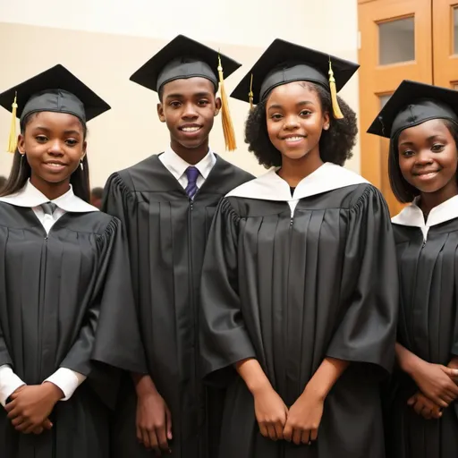Prompt: Generate black teenage adults during graduation ceremony dresses in black graduation gowns. Standing in front Albert Kachero scholarship program burner 